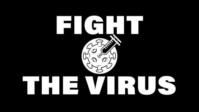 A white badge animation on black, showing a "Fight the Virus" message, a coronavirus vaccine concept animation