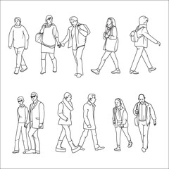 Diverse various people walking set outline sketch black and white vector illustration