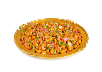 Indian Street Breakfast Chana Chaat Also Know as Chana Masala, Chola Chana Chaat, Chola Masala, Chickpea Masala, Black Chickpea Chaat or Kala Chana Chat on White Background