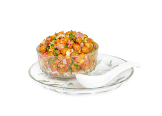 Indian Street Breakfast Chana Chaat Also Know as Chana Masala, Chola Chana Chaat, Chola Masala, Chickpea Masala, Black Chickpea Chaat or Kala Chana Chat on White Background