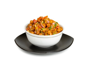 Indian Street Breakfast Chana Chaat Also Know as Chana Masala, Chola Chana Chaat, Chola Masala, Chickpea Masala, Black Chickpea Chaat or Kala Chana Chat on White Background