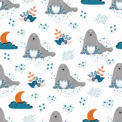 Vector illustration of sea calf and starry sky.Design for fabric, wrapping paper