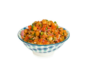 Indian Street Breakfast Chana Chaat Also Know as Chana Masala, Chola Chana Chaat, Chola Masala, Chickpea Masala, Black Chickpea Chaat or Kala Chana Chat on White Background