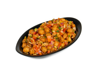 Indian Street Breakfast Chana Chaat Also Know as Chana Masala, Chola Chana Chaat, Chola Masala, Chickpea Masala, Black Chickpea Chaat or Kala Chana Chat on White Background