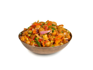 Indian Street Breakfast Chana Chaat Also Know as Chana Masala, Chola Chana Chaat, Chola Masala, Chickpea Masala, Black Chickpea Chaat or Kala Chana Chat on White Background
