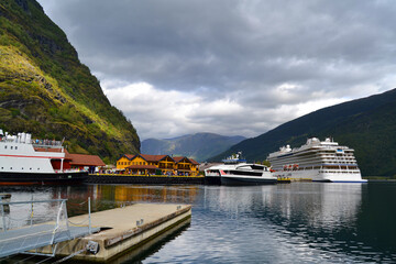 Embankment and the wharf of ships in Flam, Norway