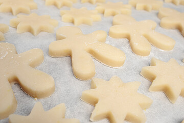 Many short bread sugar cookie on parchment paper, ready to be baked. Close up of cut out biscuits in star and gingerbread man shapes. Traditional Swiss Christmas cookie recipe Mailaenderli.