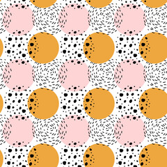Seamless pattern. Colorful abstract background of round shapes. Yellow and pink circles with black dots and bricks on white. Modern background. Vector.