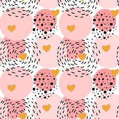 Cute seamless pattern polka dot abstract ornament decorated golden, pink, black hand drawn circles, round shapes Vector.