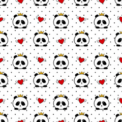Seamless pattern with cute panda face and red hearts on a white background with black polka dots. Modern pattern. Created with love. Vector.