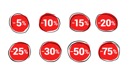 Red marketing banners for sale vector collection. Advertising banners with circle shape borders, frames, brush stroke background. Sale label, 50 percent off special offer tags, advert signs design. 