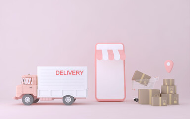 3D Online express delivery service concept, fast response delivery by scooter, courier Pickup, Delivery, Online Shipping Services. 3d Rendering.	