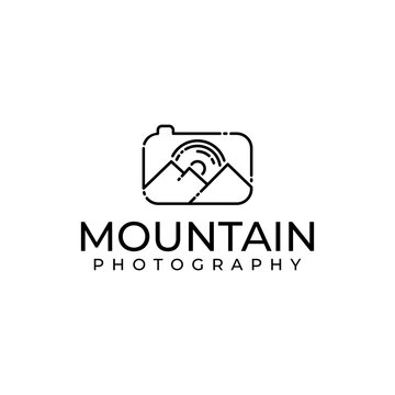 Lens and mountain in a line art style for an outdoor adventure photography photographer logo design