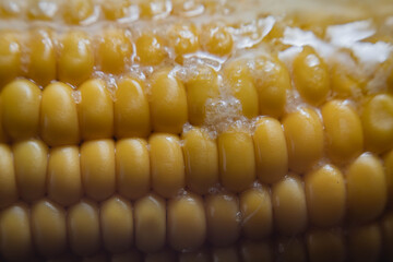 primer plano macro de choclo hervido con manteca y sal menu de niño sobre plato negro y fondo oscuro cordoba argentina