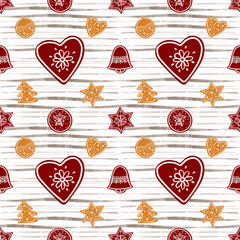 Seamless pattern with gingerbread on a striped background. Hand painted background for pattern, background, wallpaper, textures, decor.