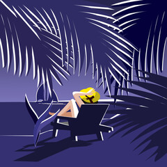 A girl sits on the beach and looks at a passing yacht. Vector illustration