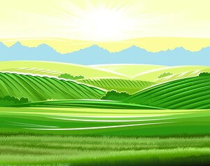 Fototapeta premium Rural landscape. Hills and meadows. Pastures and farmland. Beautiful nature view. The horizon is distant. Country farm land plot. Illustration. Vector
