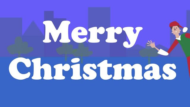 2d high resolution animation of 8 seconds, a Christmas card, where a man dressed as Santa Claus runs around wishing Merry Christmas and then waves to people.
