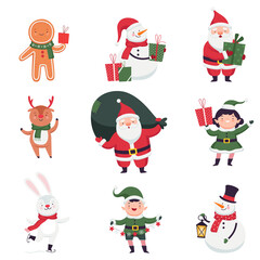 Fototapeta premium New Year Characters with Santa Claus, Elf and Snowman Vector Set
