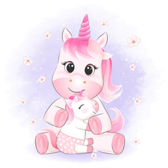 Little Unicorn and mom drawn cartoon animal watercolor illustration
