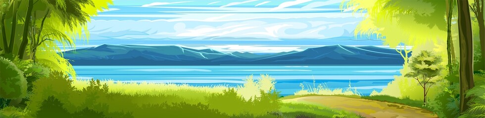 Obraz na płótnie Canvas Sea. View from the bank overgrown with trees. Road. Flat style illustration. On the horizon there is a rocky coast with mountains. Cartoon. Vector