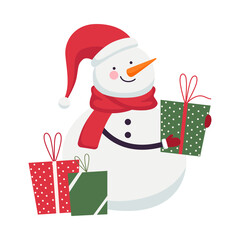 Snowman in Red Hat and Scarf Holding Gift Box Vector Illustration