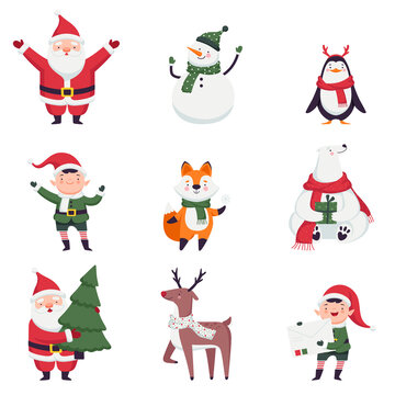 New Year Characters with Santa Claus, Elf and Snowman Vector Set