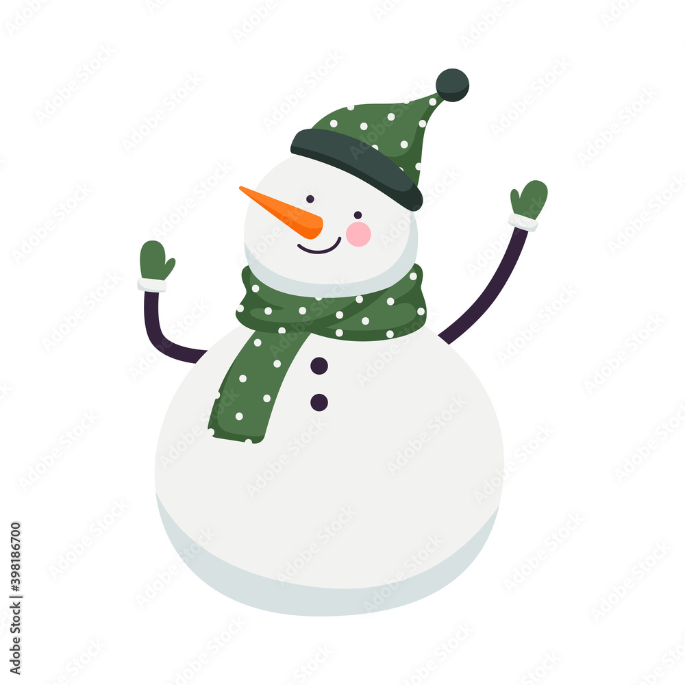 Poster Snowman in Hat and Scarf Waving Hand Vector Illustration