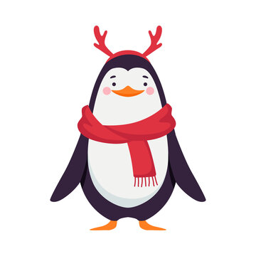 Penguin as New Year Character in Warm Scarf and Reindeer Antler Standing Vector Illustration