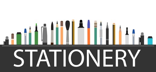 Stationery. Logo. Background for advertising a store, company. illustration. Isolated on a white background. Pencils, pens, felt-tip pens, brushes.Vector