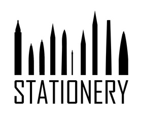 Stationery silhouette. Logo. Background for advertising a store, company. illustration. Isolated on a white background. Pencils, pens, felt-tip pens, brushes. Vector