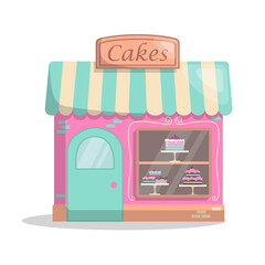 Nice pastry shop. Cake shop with a sign and a canopy. Glass display case with shelves. The presentation of the cakes.