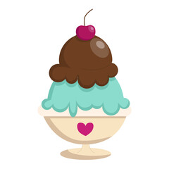 Dessert with ice cream. A large portion of cream treats with cherries. Chocolate, cream, and blue ice cream.Isolated on a white background.