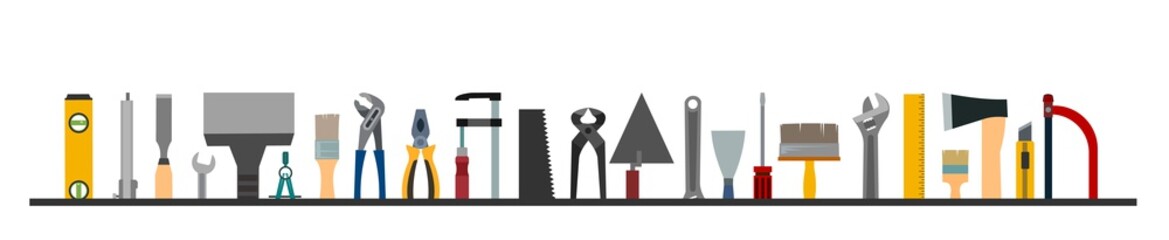 Construction tools. Logo, label. Bottom frame. For work as a painter, carpenter, builder, handyman. Repair and construction services. Sale of tools.