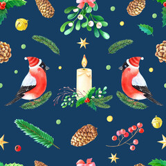 Christmas watercolor seamless pattern with Bullfinch,candle,pine cone,mistletoe.Winter Robin bird with red breast feathers on dark background.