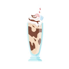 Glass of milkshake with whipped cream and chocolate topping. Vanilla cocktail decorated with marshmallow and chantilly. Refreshing tasty beverage. Flat vector cartoon illustration isolated on white