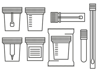 Laboratory tests containers. Test urine, biomaterial, feces, semen, and blood in plastic jars with lids. Outline vector illustration
