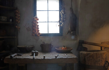 Small room in a medieval house, used as a butchery