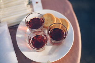 Bread and grape juice used in wedding ceremonies.
