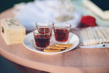 Bread and grape juice used in wedding ceremonies.
