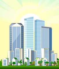 Big modern city. Light pleasant cityscape. High-rise buildings, skyscrapers and high-rise buildings. Green park area with lawns and trees. Flat style. Sky. Vector