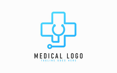 Blue Medical Logo Design. Abstract Medical Cross Symbol Design Combine with Stethoscope Usable For Business, Foundation, Industrial, Tech, Medical, Services Company. 