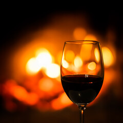 A glass of red wine on the background of the fireplace lights