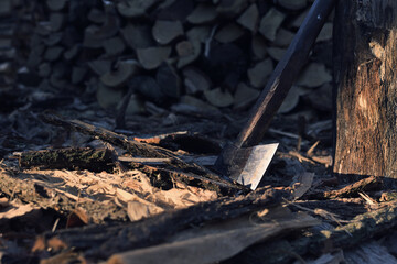 斧と割った薪