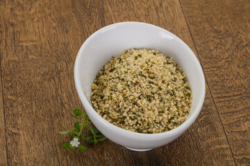 Peeled hemp seeds in the bowl