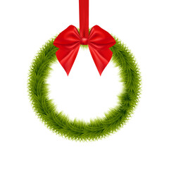 Round frame with fir branches and red bow. Christmas discount. Christmas sale banner. Circle. Stock vector illustration on white isolated background.