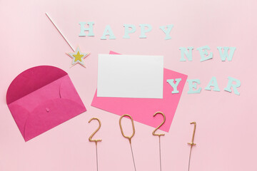 Beautiful New Year composition with blank card on color background