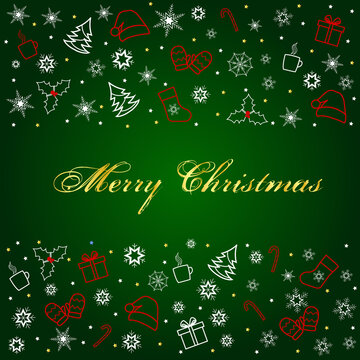 Merry Christmas postcard with mittens, Santa hat, Christmas tree, mistletoe, cup of hot drinks, lollipop. snowflakes, stars. Vector illustration