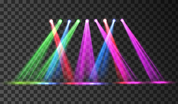 Disco club colorful stage spotlight. Vector illustration with transparent background. Spot light neon sources, light beams