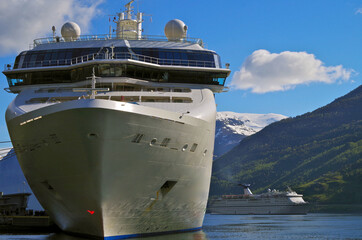 Breathtaking landscape and scenery in Aurlandsfjorden while cruising to Flam in Norway during...